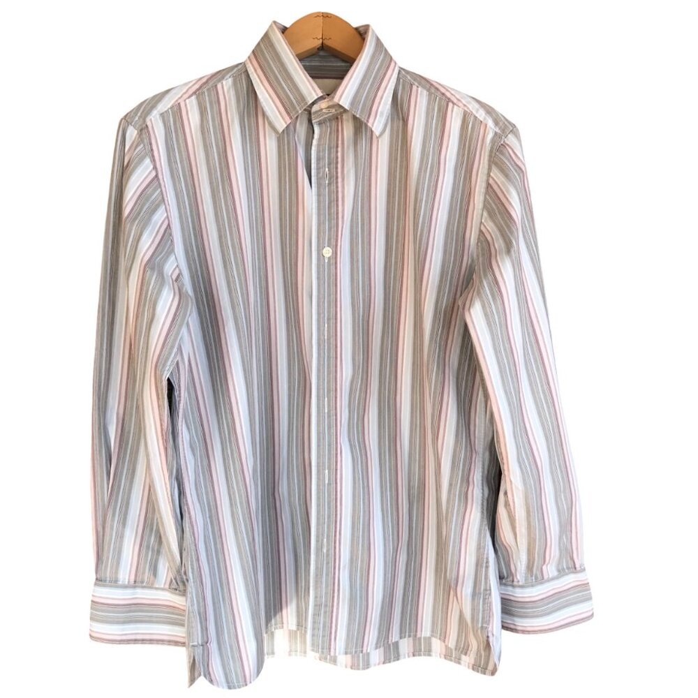 Perry Ellis Striped Button-Down Shirt Gray Blue Medium Weight Woven Cotton M